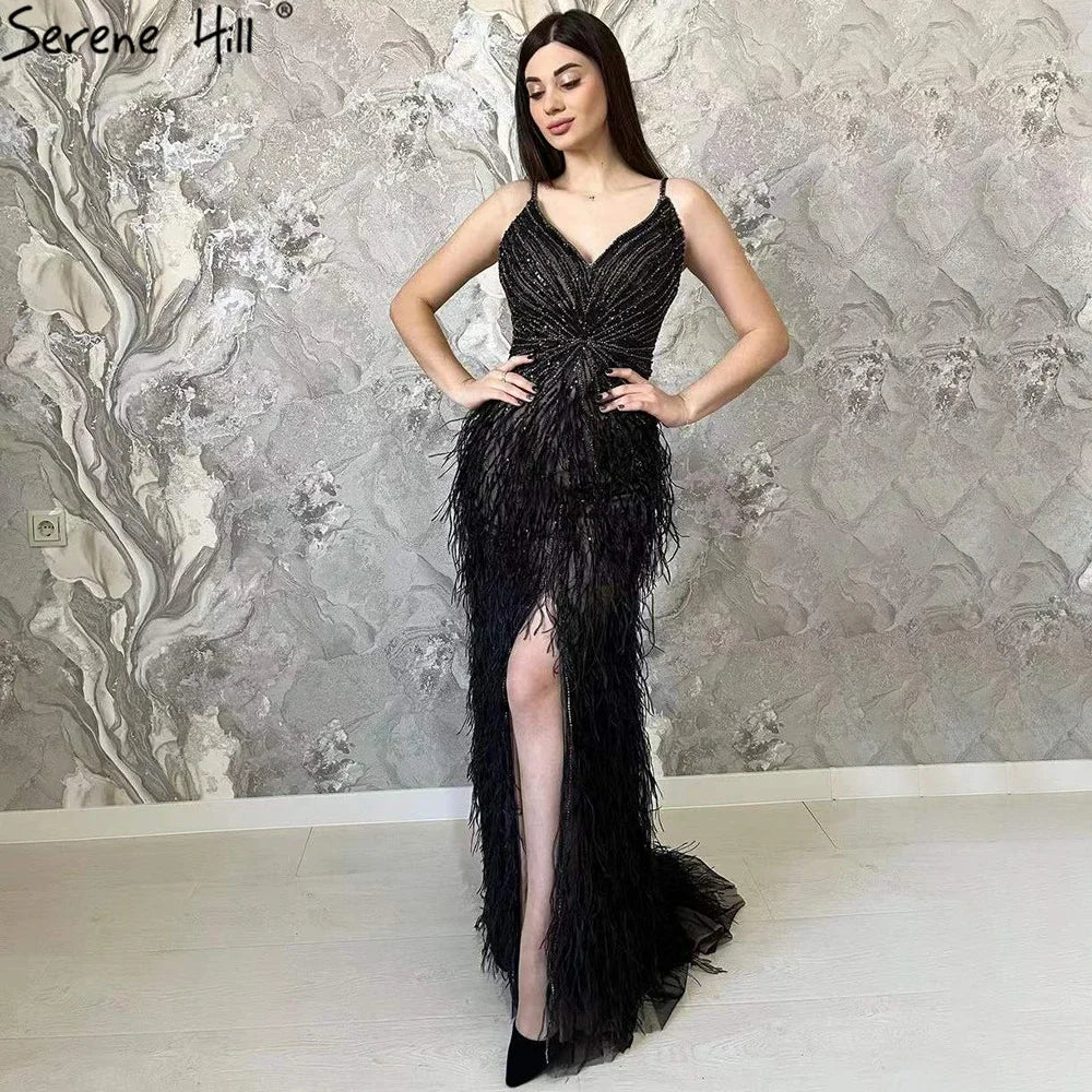 Luxury Classy blue Feathers Beaded Mermaid Prom Dress with Split LA70623 - SERENE HILL