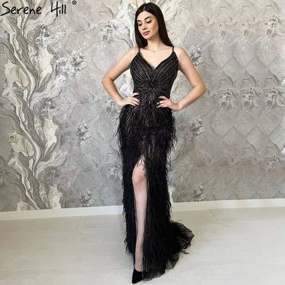 Luxury Classy blue Feathers Beaded Mermaid Prom Dress with Split LA70623 - SERENE HILL