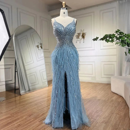 Luxury Classy blue Feathers Beaded Mermaid Prom Dress with Split LA70623 - SERENE HILL