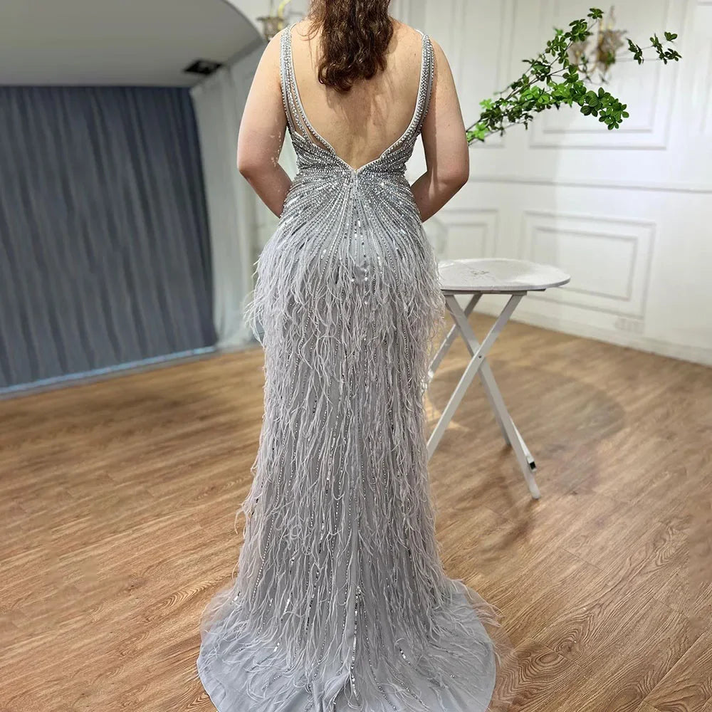 Luxury Classy blue Feathers Beaded Mermaid Prom Dress with Split LA70623 - SERENE HILL