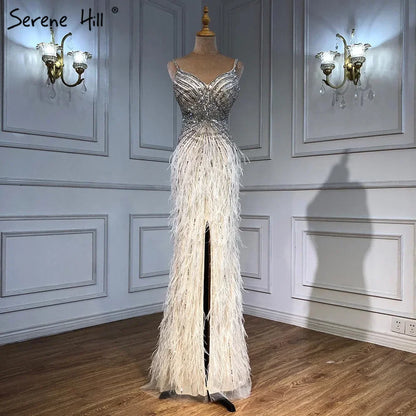 Luxury Classy blue Feathers Beaded Mermaid Prom Dress with Split LA70623 - SERENE HILL