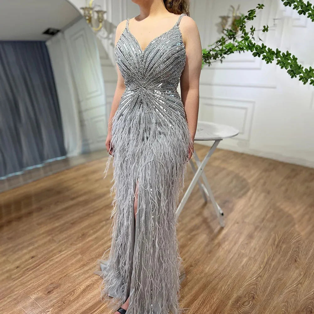 Luxury Classy blue Feathers Beaded Mermaid Prom Dress with Split LA70623 - SERENE HILL