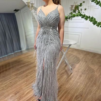 Luxury Classy blue Feathers Beaded Mermaid Prom Dress with Split LA70623 - SERENE HILL