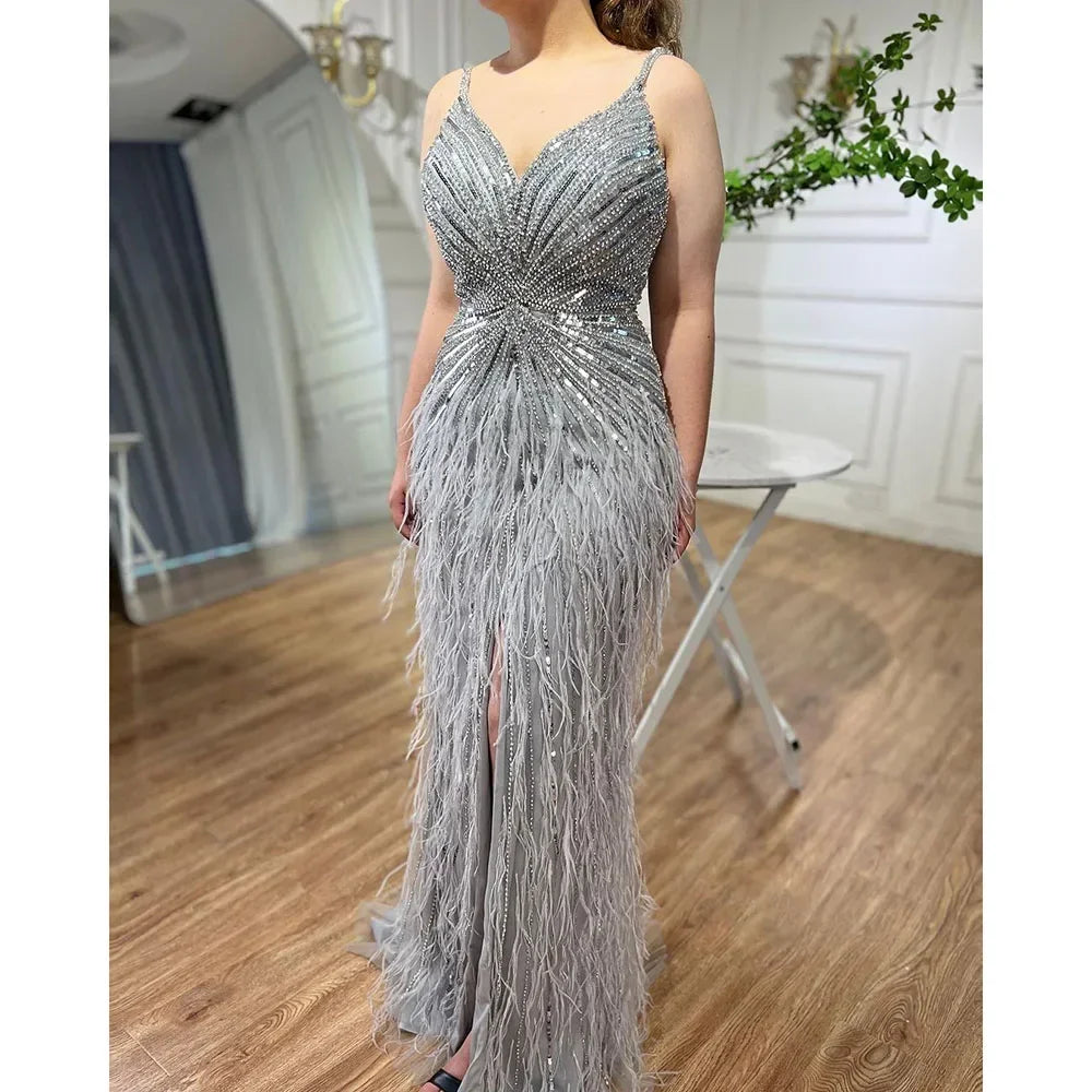 Luxury Classy blue Feathers Beaded Mermaid Prom Dress with Split LA70623 - SERENE HILL