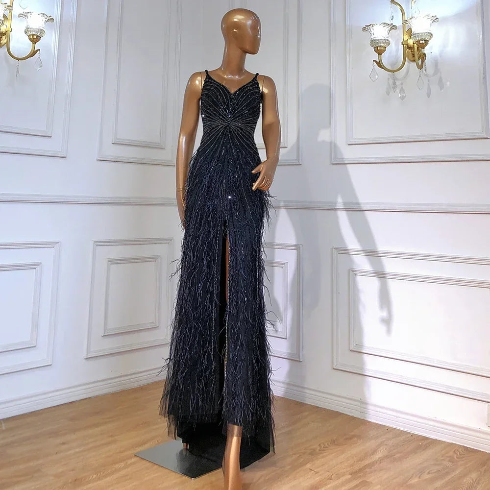 Luxury Classy blue Feathers Beaded Mermaid Prom Dress with Split LA70623 - SERENE HILL
