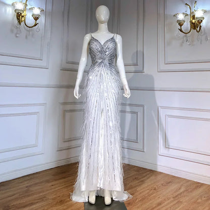 Luxury Classy blue Feathers Beaded Mermaid Prom Dress with Split LA70623 - SERENE HILL