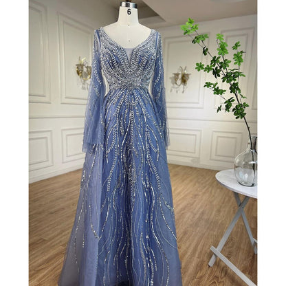 Serene Hill Arabic Blue A Line Beaded Evening Dresses Long 2025 Celebrity Gowns For Women Wedding Party LA72099 - SERENE HILL