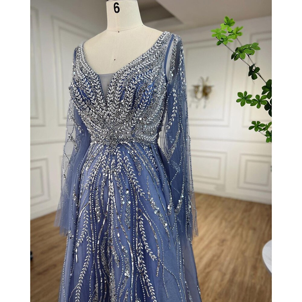 Serene Hill Arabic Blue A Line Beaded Evening Dresses Long 2025 Celebrity Gowns For Women Wedding Party LA72099 - SERENE HILL