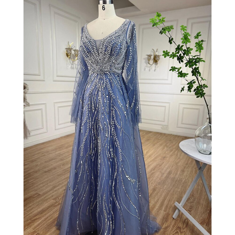 Serene Hill Arabic Blue A Line Beaded Evening Dresses Long 2025 Celebrity Gowns For Women Wedding Party LA72099 - SERENE HILL