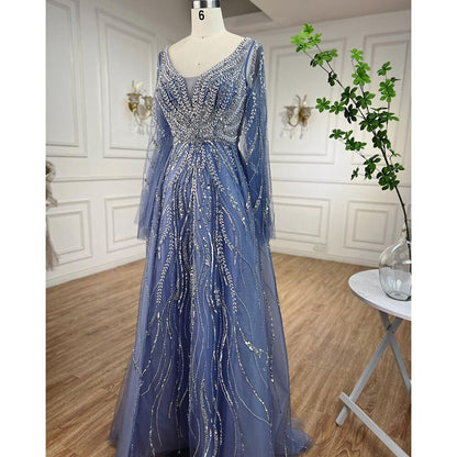 Serene Hill Arabic Blue A Line Beaded Evening Dresses Long 2025 Celebrity Gowns For Women Wedding Party LA72099 - SERENE HILL