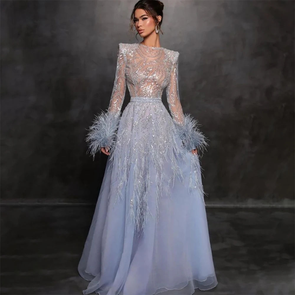 Serene Hill Arabic Blue A Line Beaded Feathers Luxury Dubai Long Evening Dresses Gowns For Women Wedding Party 2025 LA71993 - SERENE HILL