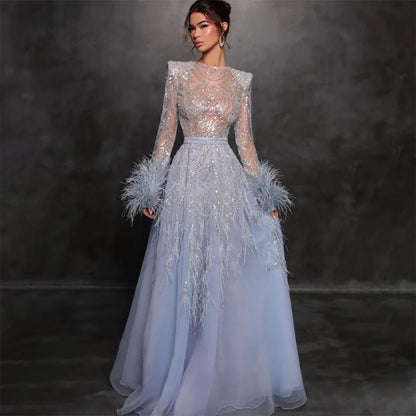 Serene Hill Arabic Blue A Line Beaded Feathers Luxury Dubai Long Evening Dresses Gowns For Women Wedding Party 2025 LA71993 - SERENE HILL