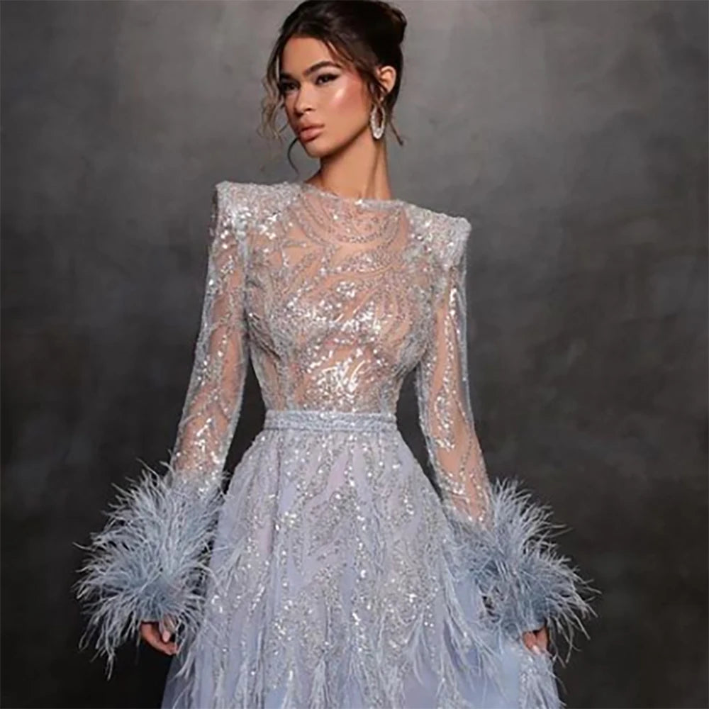 Serene Hill Arabic Blue A Line Beaded Feathers Luxury Dubai Long Evening Dresses Gowns For Women Wedding Party 2025 LA71993 - SERENE HILL