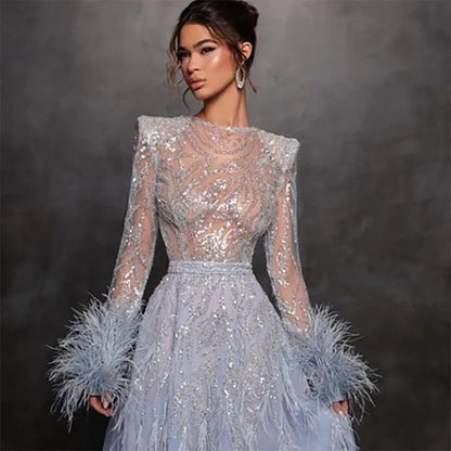 Serene Hill Arabic Blue A Line Beaded Feathers Luxury Dubai Long Evening Dresses Gowns For Women Wedding Party 2025 LA71993 - SERENE HILL