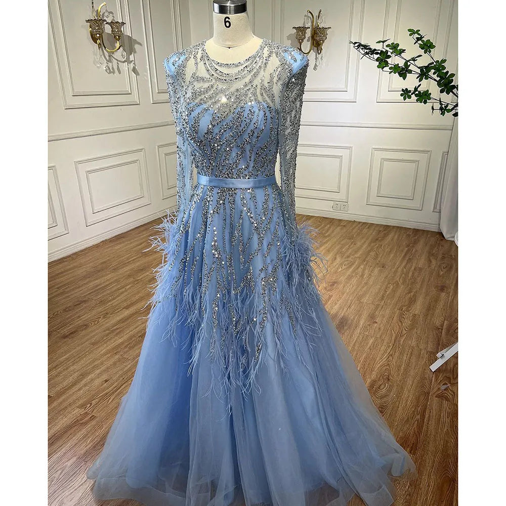 Serene Hill Arabic Blue A Line Beaded Feathers Luxury Dubai Long Evening Dresses Gowns For Women Wedding Party 2025 LA71993 - SERENE HILL
