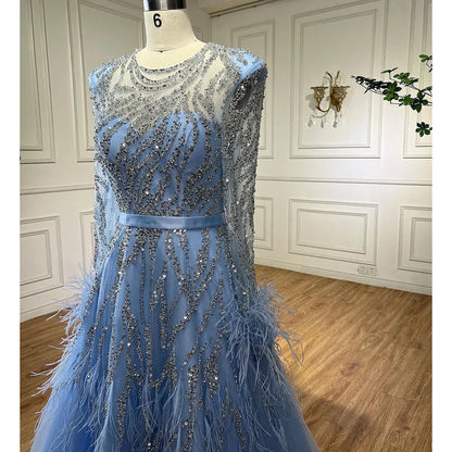 Serene Hill Arabic Blue A Line Beaded Feathers Luxury Dubai Long Evening Dresses Gowns For Women Wedding Party 2025 LA71993 - SERENE HILL