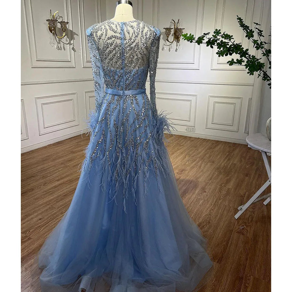 Serene Hill Arabic Blue A Line Beaded Feathers Luxury Dubai Long Evening Dresses Gowns For Women Wedding Party 2025 LA71993 - SERENE HILL