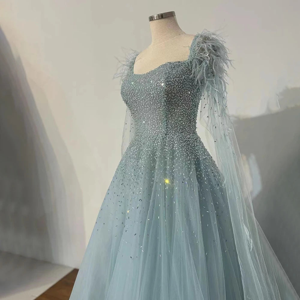 Luxury Blue A-Line Feathers Beaded Evening Dress with Cape Sleeves LA71782A - SERENE HILL