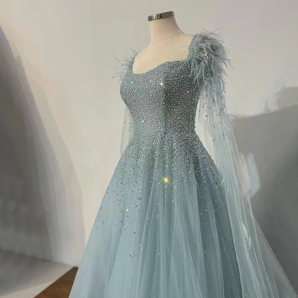 Luxury Blue A-Line Feathers Beaded Evening Dress with Cape Sleeves LA71782A