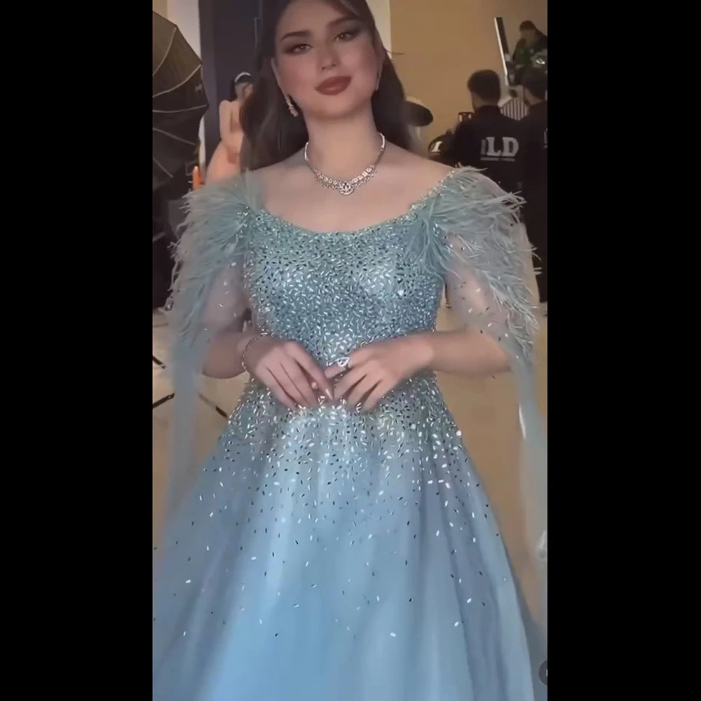 Luxury Blue A-Line Feathers Beaded Evening Dress with Cape Sleeves LA71782A - SERENE HILL