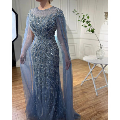 Luxury Arabic Blue Mermaid Evening Dress with Cape Sleeves LA71999 - SERENE HILL