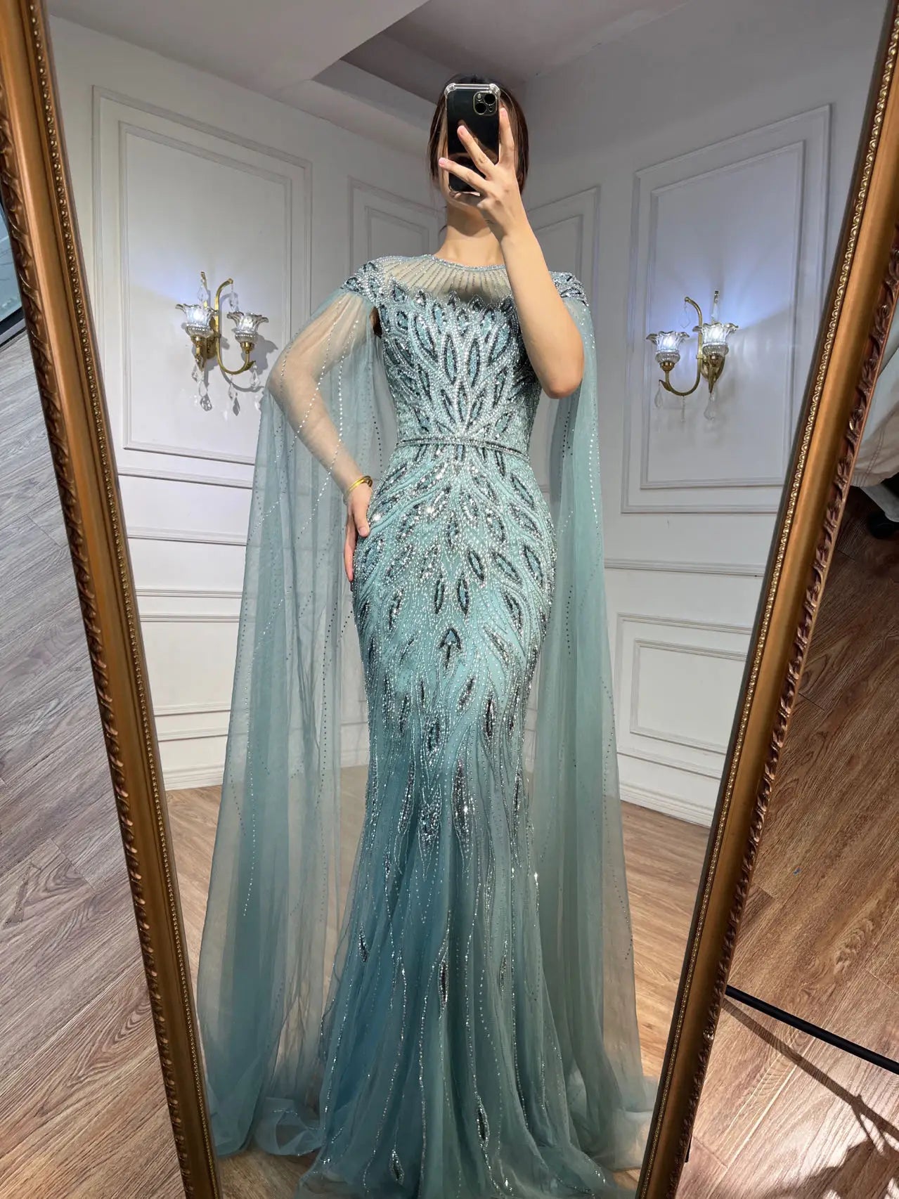 Luxury Arabic Blue Mermaid Evening Dress with Cape Sleeves LA71999 - SERENE HILL