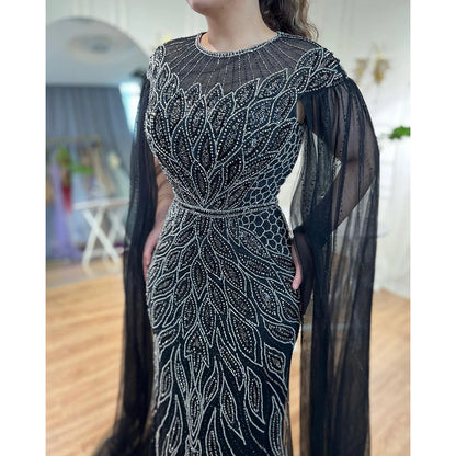 Luxury Arabic Blue Mermaid Evening Dress with Cape Sleeves LA71999 - SERENE HILL