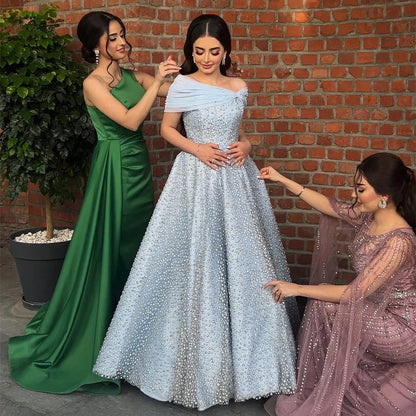 Serene Hill Arabic Blue Elegant A Line Floor Length Luxury Evening Dresses Gowns Beaded For Women Wedding Party 2025 LA72208 - SERENE HILL