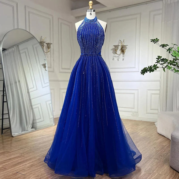 Serene Hill Arabic Blue Elegant A Line Luxury Evening Dresses Dubai Sequins Beaded Tassel Formal Halter Dress 2025 LA72227