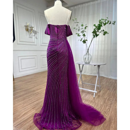 Serene Hill Arabic Blue Elegant Mermaid Sexy High Split Beaded Luxury Evening Dresses Gowns 2025 For Women Wedding Party LA71934 - SERENE HILL