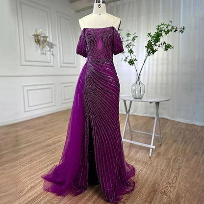 Serene Hill Arabic Blue Elegant Mermaid Sexy High Split Beaded Luxury Evening Dresses Gowns 2025 For Women Wedding Party LA71934 - SERENE HILL
