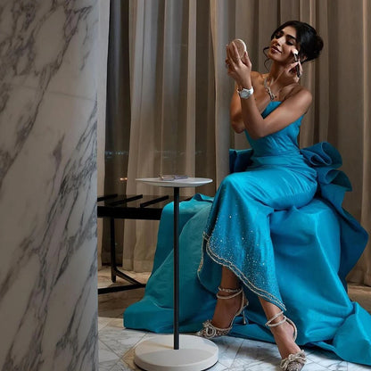 Serene Hill Arabic Blue Elegant Tea Length Mermaid Beaded Evening Dresses Gowns for Women Wedding Party 2025 LA72485 - SERENE HILL
