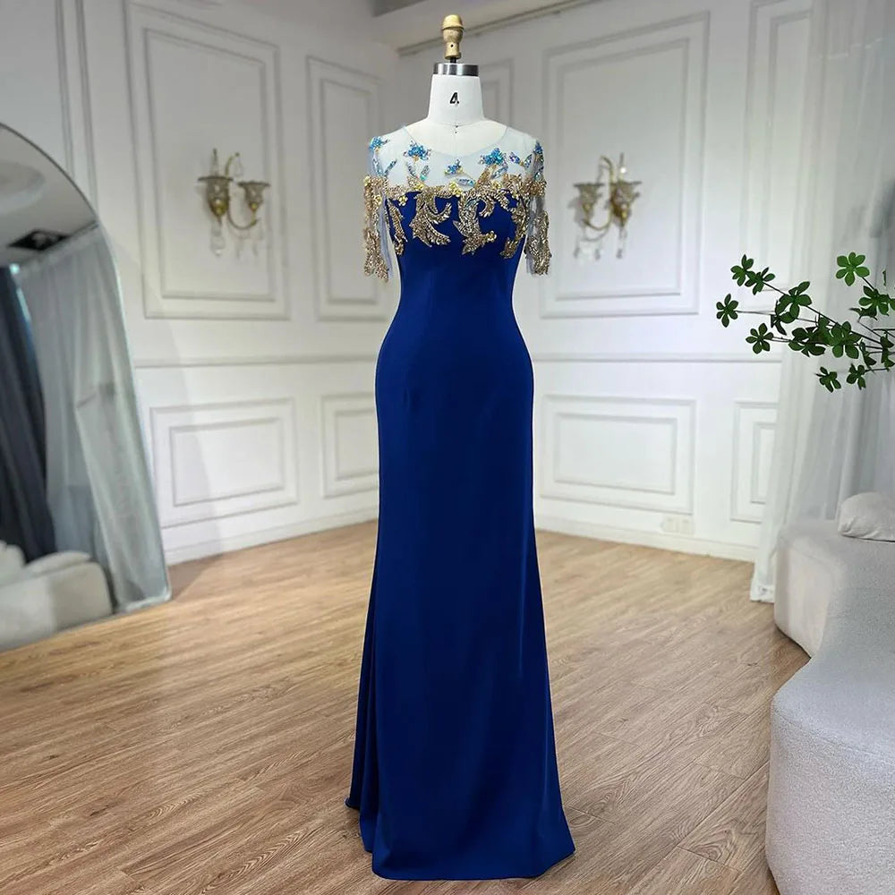 Serene Hill Arabic Blue Mermaid Elegant Appliques Luxury Dubai Evening Dresses Gowns 2025 For Women Wedding Party LA72554 - SERENE HILL