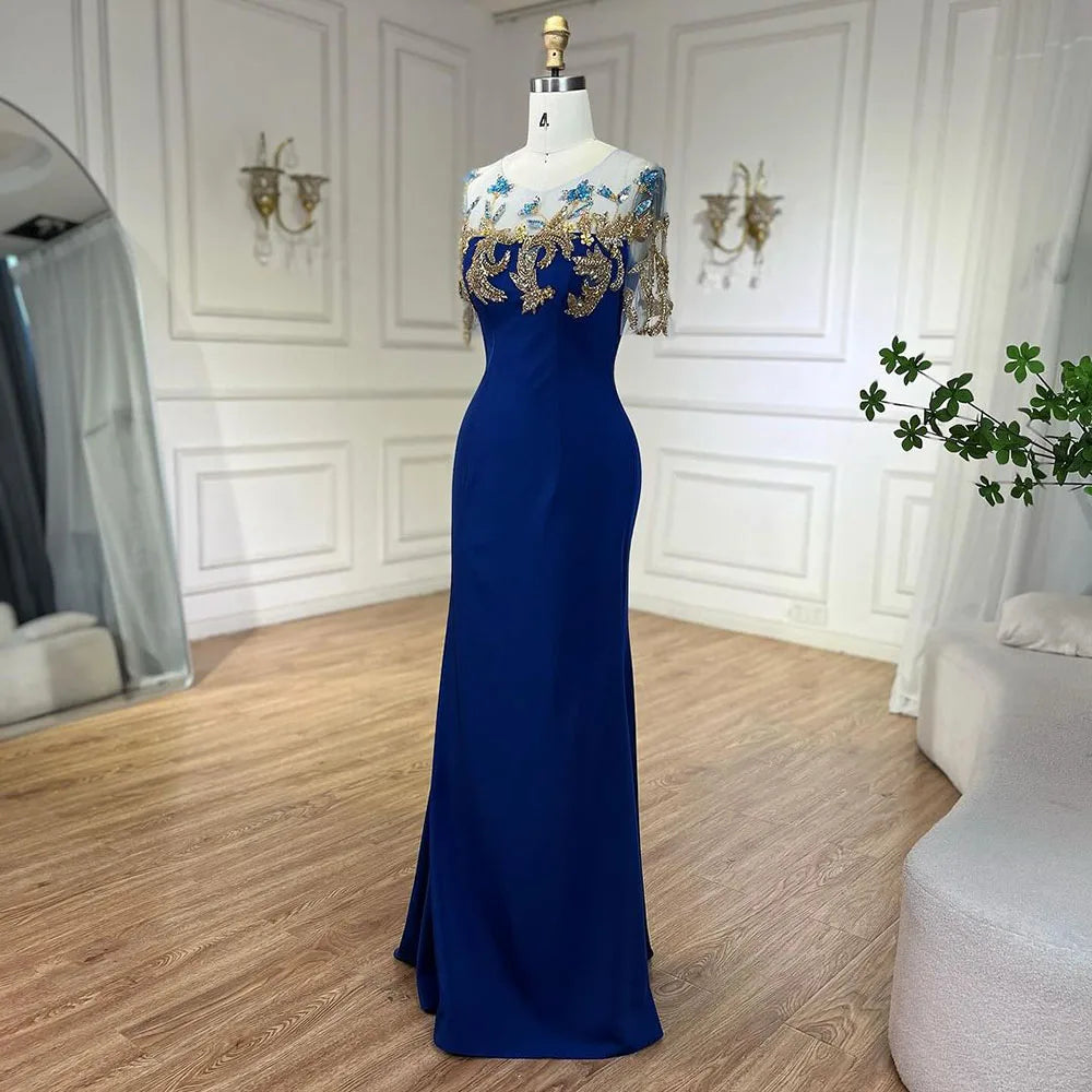 Serene Hill Arabic Blue Mermaid Elegant Appliques Luxury Dubai Evening Dresses Gowns 2025 For Women Wedding Party LA72554 - SERENE HILL