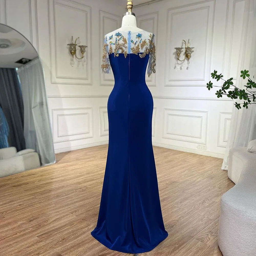 Serene Hill Arabic Blue Mermaid Elegant Appliques Luxury Dubai Evening Dresses Gowns 2025 For Women Wedding Party LA72554 - SERENE HILL