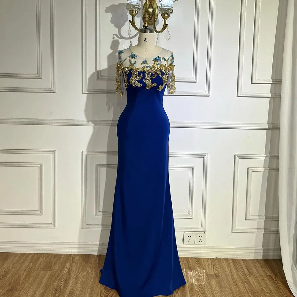 Serene Hill Arabic Blue Mermaid Elegant Appliques Luxury Dubai Evening Dresses Gowns 2025 For Women Wedding Party LA72554 - SERENE HILL