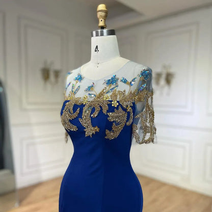 Serene Hill Arabic Blue Mermaid Elegant Appliques Luxury Dubai Evening Dresses Gowns 2025 For Women Wedding Party LA72554 - SERENE HILL