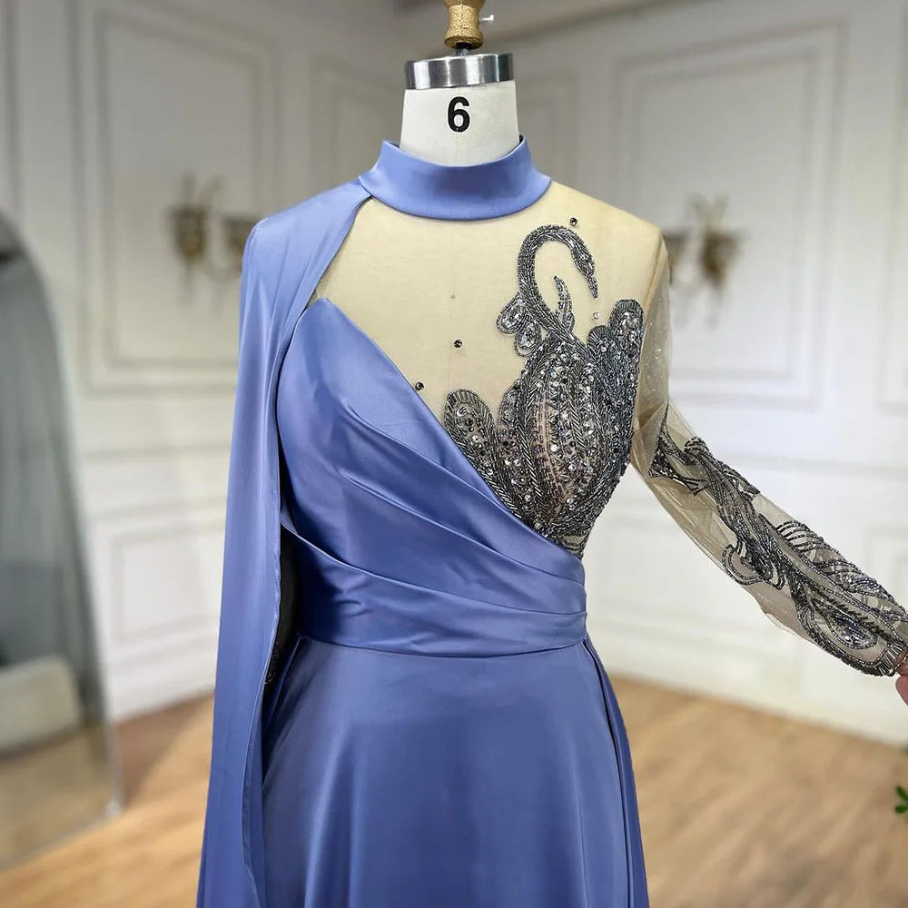 Serene Hill Arabic Blue A Line Elegant Cape Sleeves Beaded Satin Luxury Evening Dresses Gowns 2025 For Women Party LA72177 - SERENE HILL