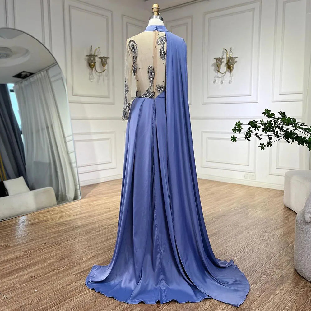 Serene Hill Arabic Blue A Line Elegant Cape Sleeves Beaded Satin Luxury Evening Dresses Gowns 2025 For Women Party LA72177 - SERENE HILL
