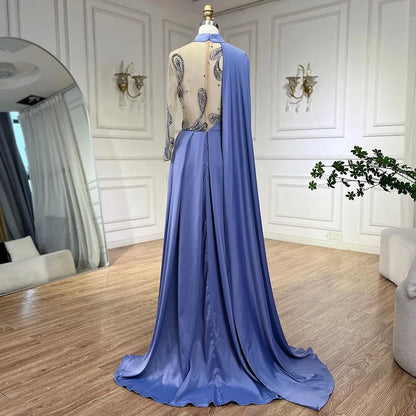Serene Hill Arabic Blue A Line Elegant Cape Sleeves Beaded Satin Luxury Evening Dresses Gowns 2025 For Women Party LA72177 - SERENE HILL