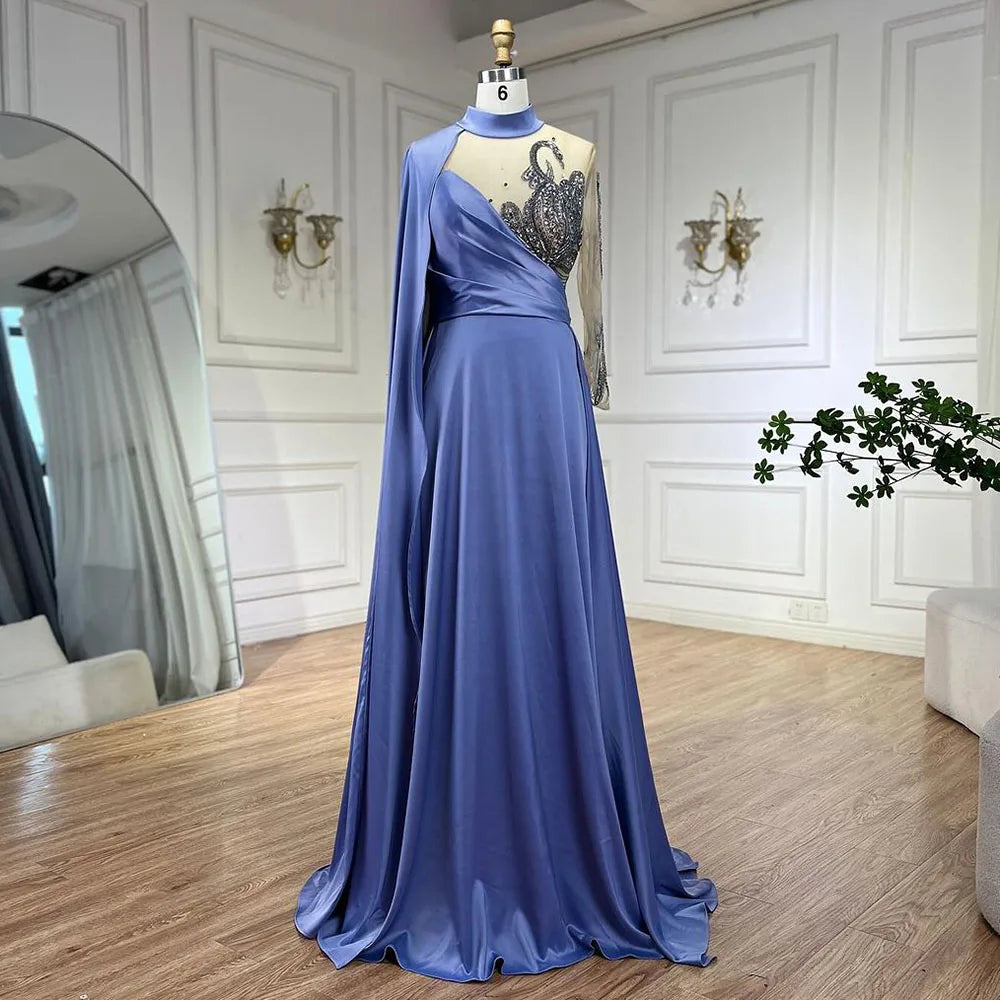 Serene Hill Arabic Blue A Line Elegant Cape Sleeves Beaded Satin Luxury Evening Dresses Gowns 2025 For Women Party LA72177 - SERENE HILL