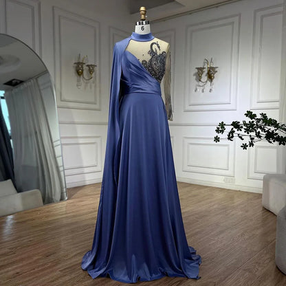 Serene Hill Arabic Blue A Line Elegant Cape Sleeves Beaded Satin Luxury Evening Dresses Gowns 2025 For Women Party LA72177 - SERENE HILL