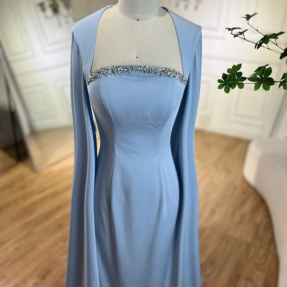 Elegant Blue Mermaid Evening Dress with Cape Sleeves LA72200 - SERENE HILL