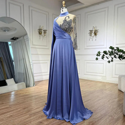 Serene Hill Arabic Blue A Line Elegant Cape Sleeves Beaded Satin Luxury Evening Dresses Gowns 2025 For Women Party LA72177 - SERENE HILL