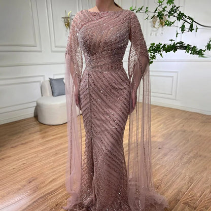 Serene Hill Arabic Blue Mermaid Elegant Cape Sleeves Split Beaded Evening Dresses Gowns For Women Wedding Party 2025 LA72084 - SERENE HILL