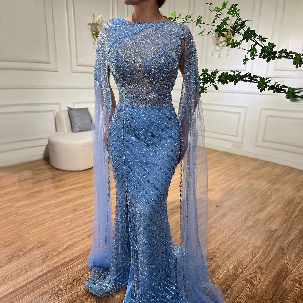 Serene Hill Arabic Blue Mermaid Elegant Cape Sleeves Split Beaded Evening Dresses Gowns For Women Wedding Party 2025 LA72084 - SERENE HILL