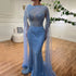 Serene Hill Arabic Blue Mermaid Elegant Cape Sleeves Split Beaded Evening Dresses Gowns For Women Wedding Party 2025 LA72084 - SERENE HILL