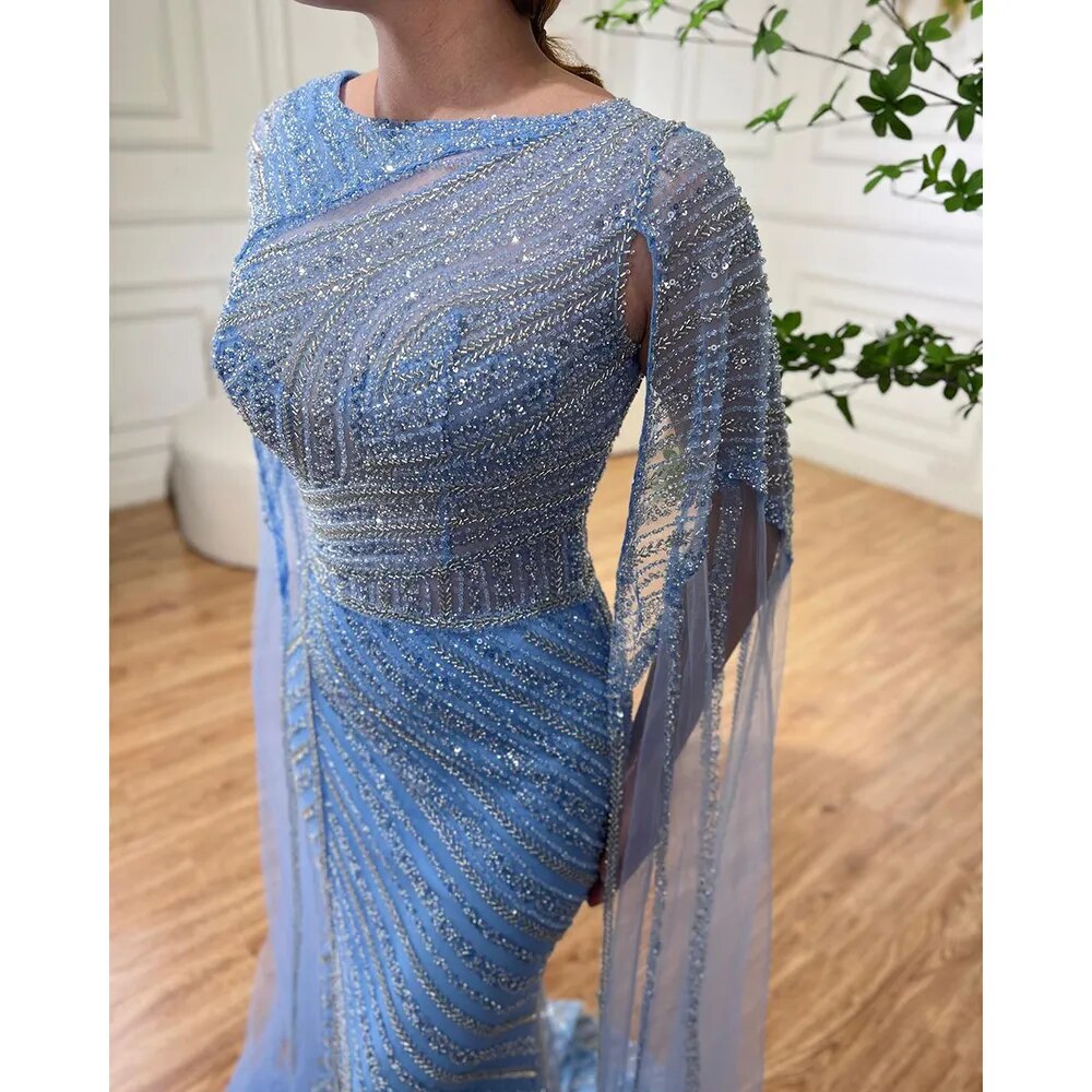 Serene Hill Arabic Blue Mermaid Elegant Cape Sleeves Split Beaded Evening Dresses Gowns For Women Wedding Party 2025 LA72084 - SERENE HILL