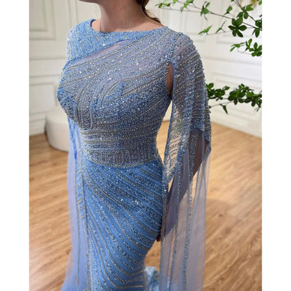Serene Hill Arabic Blue Mermaid Elegant Cape Sleeves Split Beaded Evening Dresses Gowns For Women Wedding Party 2025 LA72084 - SERENE HILL