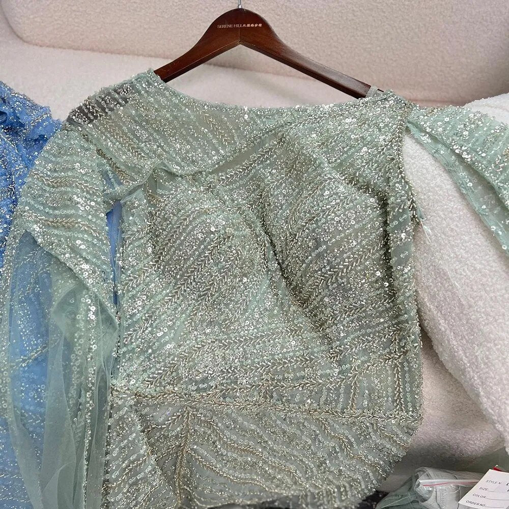 Serene Hill Arabic Blue Mermaid Elegant Cape Sleeves Split Beaded Evening Dresses Gowns For Women Wedding Party 2025 LA72084 - SERENE HILL
